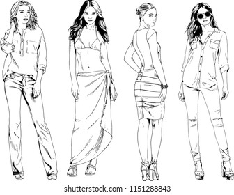 vector drawings on the theme of beautiful slim sporty girl in casual clothes in various poses painted ink hand sketch with no background