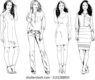 vector drawings on the theme of beautiful slim sporty girl in casual clothes in various poses painted ink hand sketch with no background