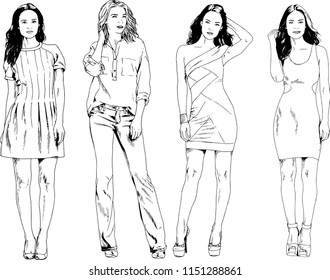 vector drawings on the theme of beautiful slim sporty girl in casual clothes in various poses painted ink hand sketch with no background