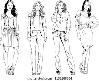 vector drawings on the theme of beautiful slim sporty girl in casual clothes in various poses painted ink hand sketch with no background