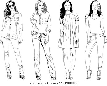 vector drawings on the theme of beautiful slim sporty girl in casual clothes in various poses painted ink hand sketch with no background