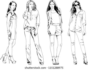 vector drawings on the theme of beautiful slim sporty girl in casual clothes in various poses painted ink hand sketch with no background