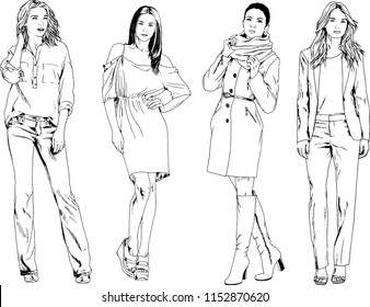 vector drawings on the theme of beautiful slim sporty girl in casual clothes in various poses painted ink hand sketch with no background