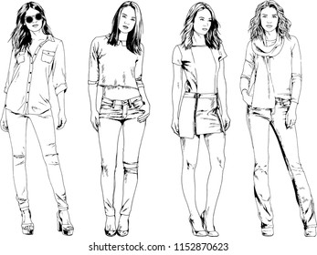 vector drawings on the theme of beautiful slim sporty girl in casual clothes in various poses painted ink hand sketch with no background