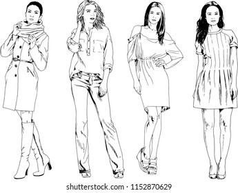 vector drawings on the theme of beautiful slim sporty girl in casual clothes in various poses painted ink hand sketch with no background