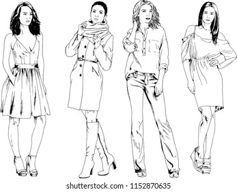 vector drawings on the theme of beautiful slim sporty girl in casual clothes in various poses painted ink hand sketch with no background