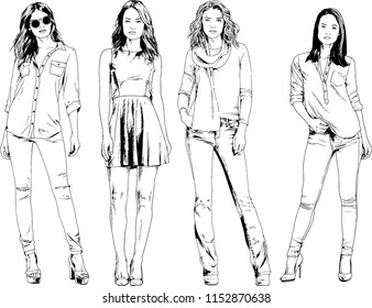 vector drawings on the theme of beautiful slim sporty girl in casual clothes in various poses painted ink hand sketch with no background