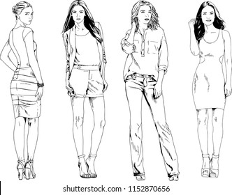 vector drawings on the theme of beautiful slim sporty girl in casual clothes in various poses painted ink hand sketch with no background
