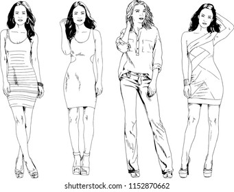 vector drawings on the theme of beautiful slim sporty girl in casual clothes in various poses painted ink hand sketch with no background