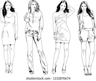 vector drawings on the theme of beautiful slim sporty girl in casual clothes in various poses painted ink hand sketch with no background