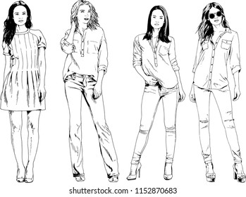 vector drawings on the theme of beautiful slim sporty girl in casual clothes in various poses painted ink hand sketch with no background