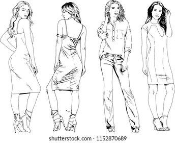 vector drawings on the theme of beautiful slim sporty girl in casual clothes in various poses painted ink hand sketch with no background