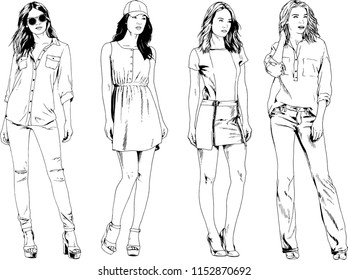vector drawings on the theme of beautiful slim sporty girl in casual clothes in various poses painted ink hand sketch with no background