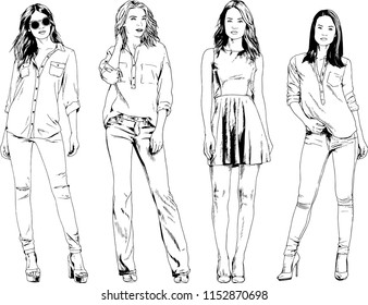 vector drawings on the theme of beautiful slim sporty girl in casual clothes in various poses painted ink hand sketch with no background