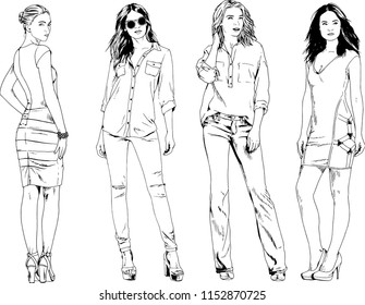 vector drawings on the theme of beautiful slim sporty girl in casual clothes in various poses painted ink hand sketch with no background
