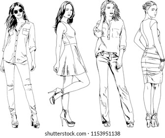 vector drawings on the theme of beautiful slim sporty girl in casual clothes in various poses painted ink hand sketch with no background