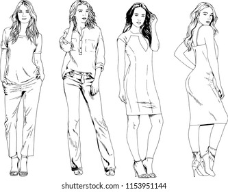 vector drawings on the theme of beautiful slim sporty girl in casual clothes in various poses painted ink hand sketch with no background
