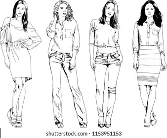 vector drawings on the theme of beautiful slim sporty girl in casual clothes in various poses painted ink hand sketch with no background