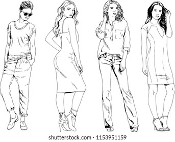 vector drawings on the theme of beautiful slim sporty girl in casual clothes in various poses painted ink hand sketch with no background