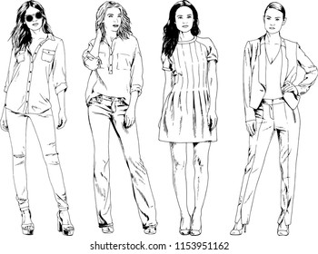 vector drawings on the theme of beautiful slim sporty girl in casual clothes in various poses painted ink hand sketch with no background