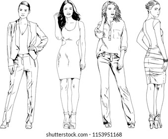 vector drawings on the theme of beautiful slim sporty girl in casual clothes in various poses painted ink hand sketch with no background