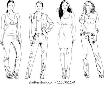 vector drawings on the theme of beautiful slim sporty girl in casual clothes in various poses painted ink hand sketch with no background