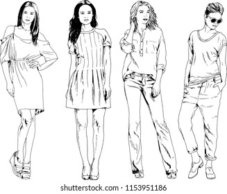 vector drawings on the theme of beautiful slim sporty girl in casual clothes in various poses painted ink hand sketch with no background