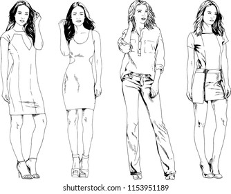 vector drawings on the theme of beautiful slim sporty girl in casual clothes in various poses painted ink hand sketch with no background