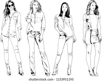 vector drawings on the theme of beautiful slim sporty girl in casual clothes in various poses painted ink hand sketch with no background