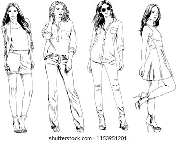 vector drawings on the theme of beautiful slim sporty girl in casual clothes in various poses painted ink hand sketch with no background