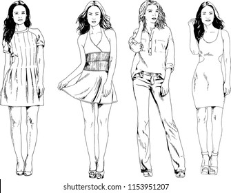vector drawings on the theme of beautiful slim sporty girl in casual clothes in various poses painted ink hand sketch with no background
