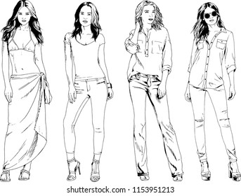 vector drawings on the theme of beautiful slim sporty girl in casual clothes in various poses painted ink hand sketch with no background