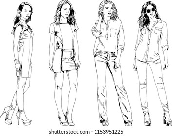 vector drawings on the theme of beautiful slim sporty girl in casual clothes in various poses painted ink hand sketch with no background