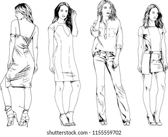 vector drawings on the theme of beautiful slim sporty girl in casual clothes in various poses painted ink hand sketch with no background
