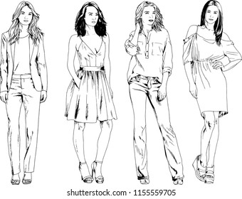 vector drawings on the theme of beautiful slim sporty girl in casual clothes in various poses painted ink hand sketch with no background