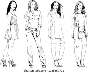 vector drawings on the theme of beautiful slim sporty girl in casual clothes in various poses painted ink hand sketch with no background