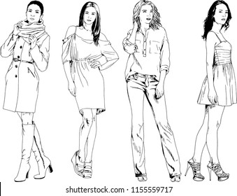 vector drawings on the theme of beautiful slim sporty girl in casual clothes in various poses painted ink hand sketch with no background