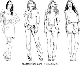 vector drawings on the theme of beautiful slim sporty girl in casual clothes in various poses painted ink hand sketch with no background