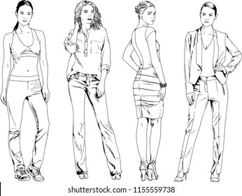 vector drawings on the theme of beautiful slim sporty girl in casual clothes in various poses painted ink hand sketch with no background