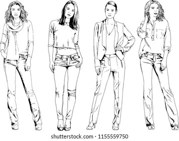 vector drawings on the theme of beautiful slim sporty girl in casual clothes in various poses painted ink hand sketch with no background