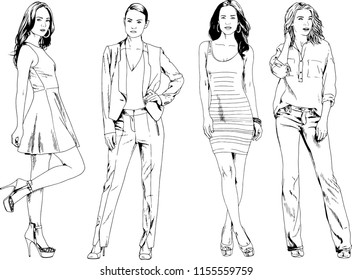 vector drawings on the theme of beautiful slim sporty girl in casual clothes in various poses painted ink hand sketch with no background