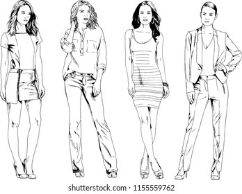 vector drawings on the theme of beautiful slim sporty girl in casual clothes in various poses painted ink hand sketch with no background