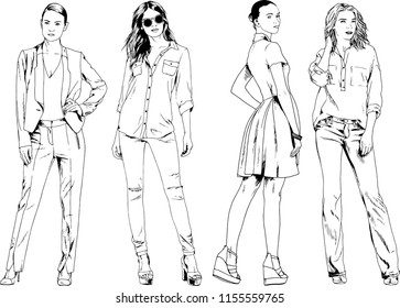 vector drawings on the theme of beautiful slim sporty girl in casual clothes in various poses painted ink hand sketch with no background
