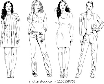 vector drawings on the theme of beautiful slim sporty girl in casual clothes in various poses painted ink hand sketch with no background