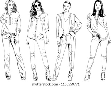 vector drawings on the theme of beautiful slim sporty girl in casual clothes in various poses painted ink hand sketch with no background