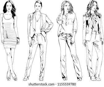 vector drawings on the theme of beautiful slim sporty girl in casual clothes in various poses painted ink hand sketch with no background