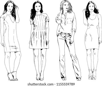 vector drawings on the theme of beautiful slim sporty girl in casual clothes in various poses painted ink hand sketch with no background