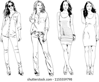 vector drawings on the theme of beautiful slim sporty girl in casual clothes in various poses painted ink hand sketch with no background
