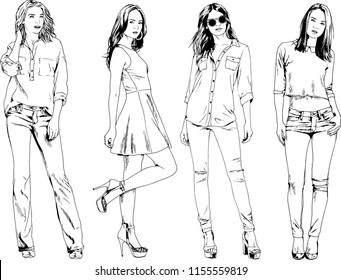 vector drawings on the theme of beautiful slim sporty girl in casual clothes in various poses painted ink hand sketch with no background
