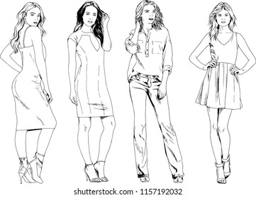 vector drawings on the theme of beautiful slim sporty girl in casual clothes in various poses painted ink hand sketch with no background